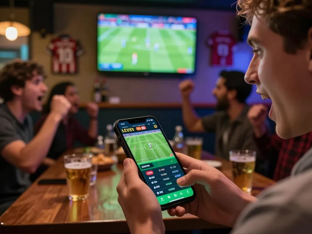 Excited sports bettor using Nowgoal app to place bets on live football matches in a lively sports bar.
