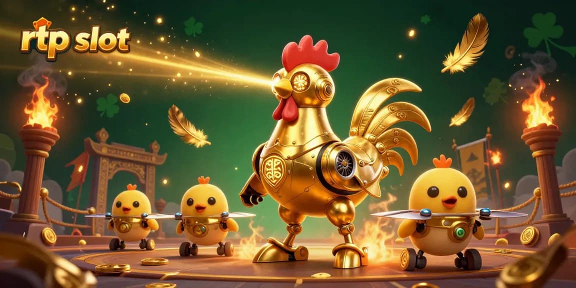Engage with rtp slot games featuring golden rooster robots in an animated casino scene.