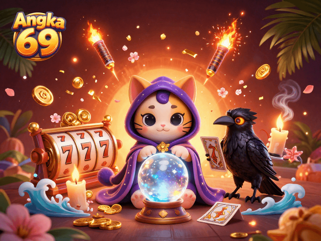 Engage with Angka 69 through an enchanting 3D illustration of a fortune teller cat and raven in a vibrant casino scene.