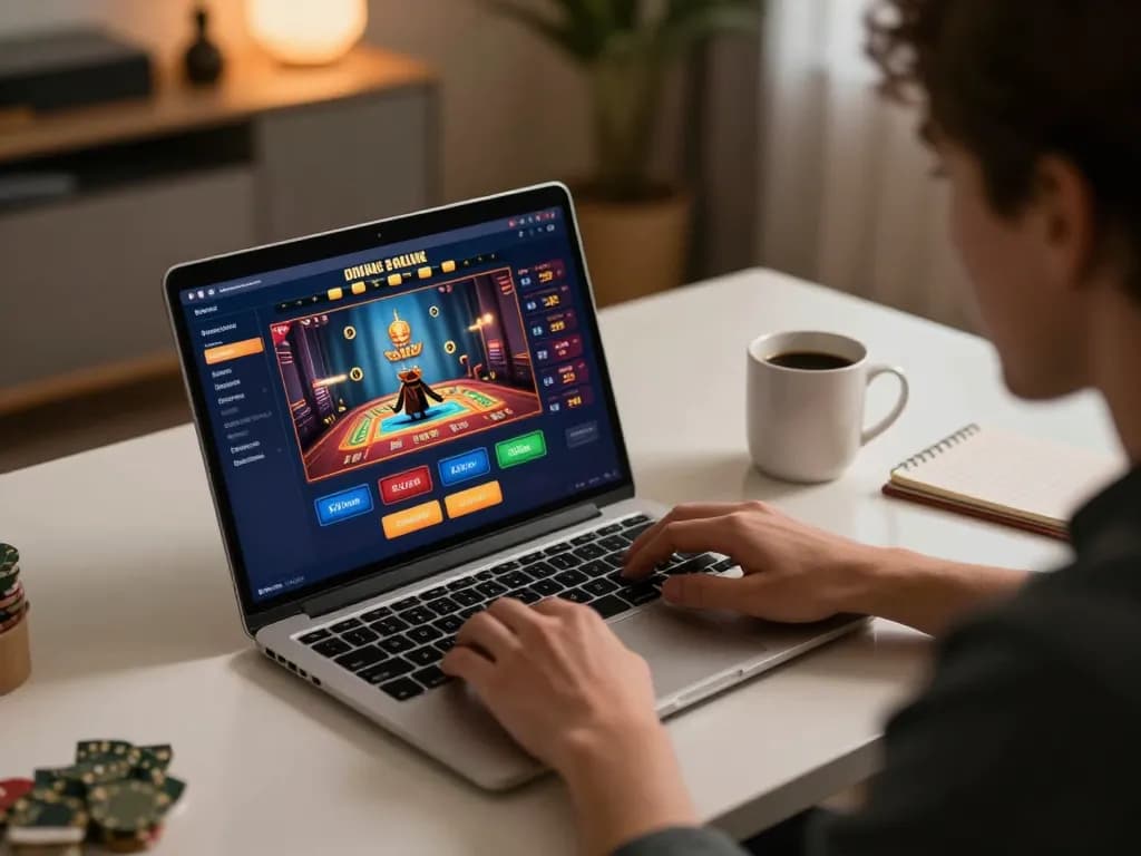 Engaging with link vào shbet on a laptop in a cozy online gaming setup for responsible gambling.