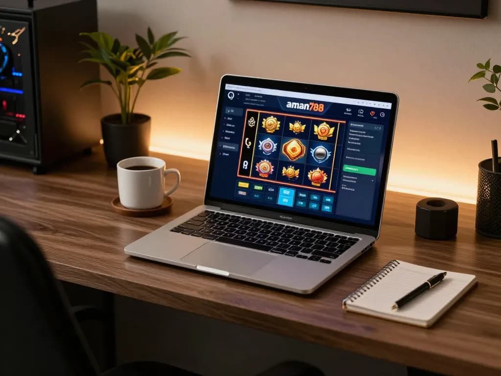 Play the aman788 slot game on a stylish laptop in a cozy gaming setup.