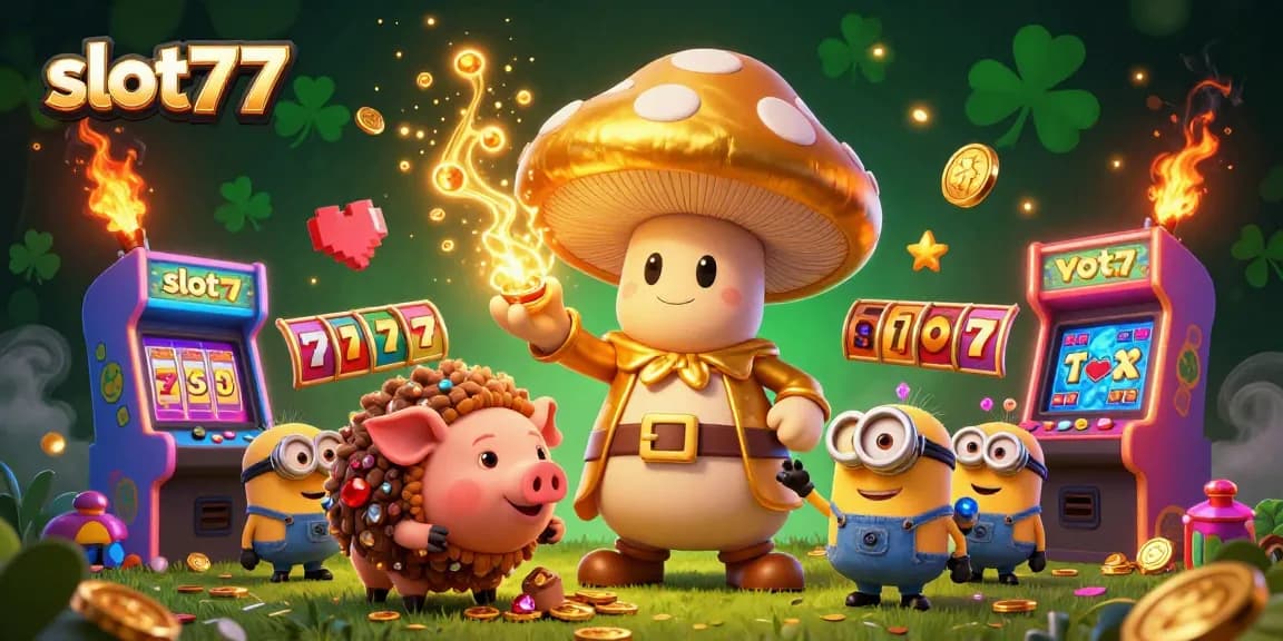 Experience the thrill of winning with slot77 in this vibrant 3D casino illustration featuring magical characters and slot reels.