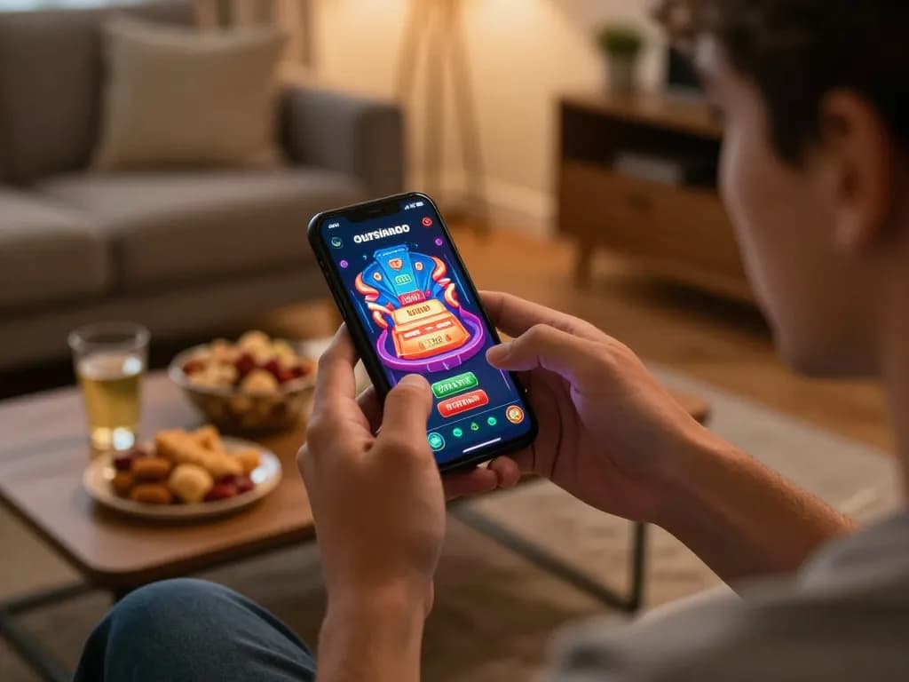Pemain terlibat dengan aplikasi kasino seluler oursinado di smartphone di tengah pengaturan permainan yang nyaman.