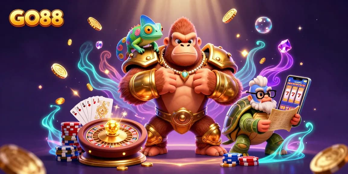 GO88 showcases an exciting 3D illustration with vibrant casino elements and characters celebrating wins.