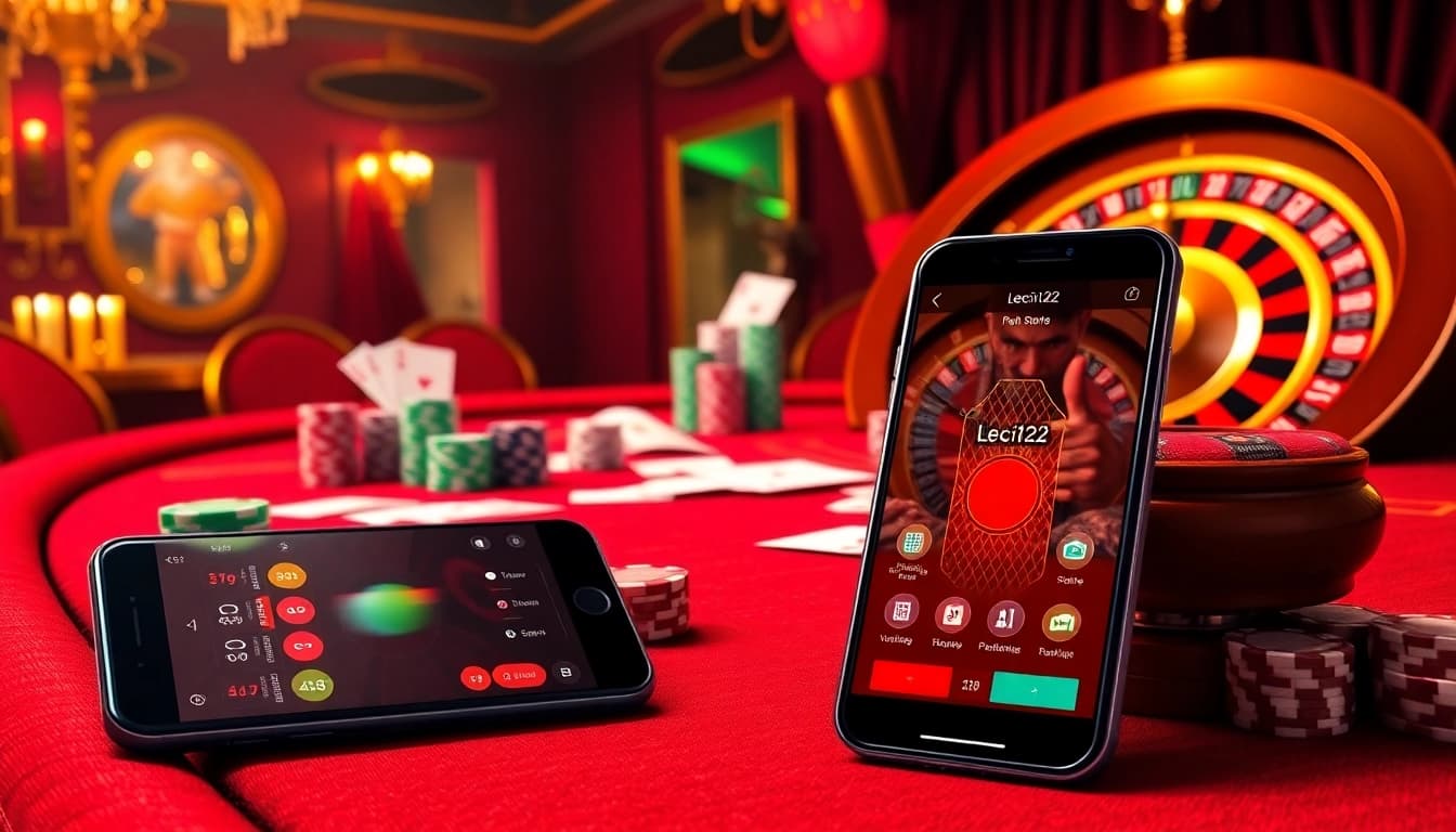 Action-packed gaming scene featuring leci123 app on a luxury poker table with chips and cards.