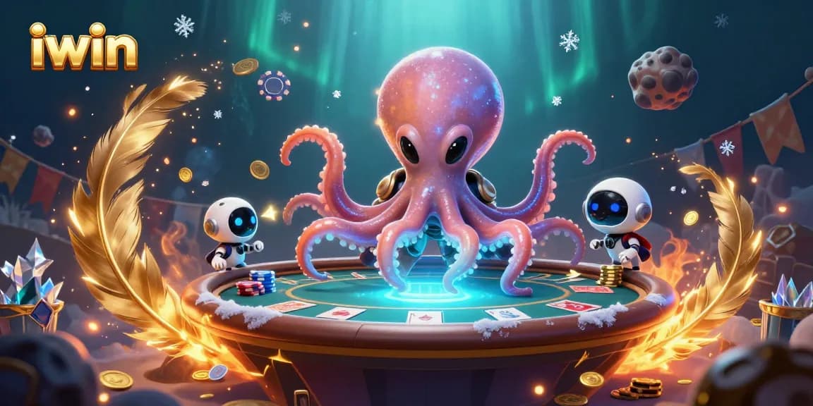 Engage with the iwin alien octopus at a cosmic poker table amidst swirling cosmic elements.