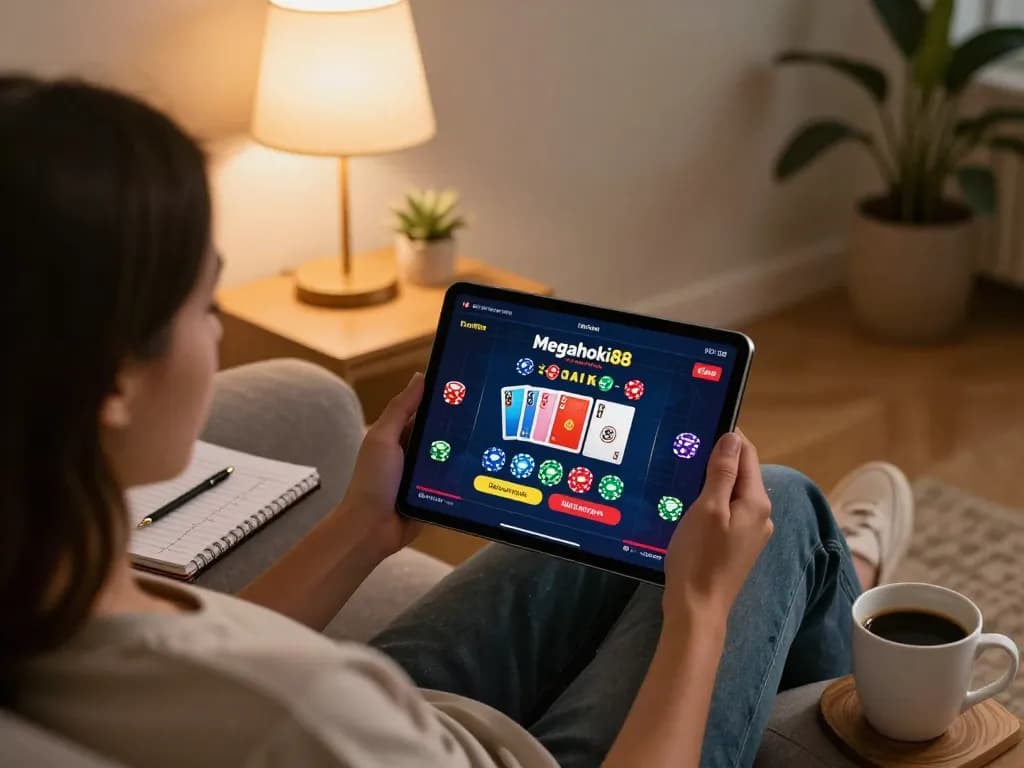 Engaging scene of a player performing megahoki88 login on a tablet during an online poker game, cozy home atmosphere