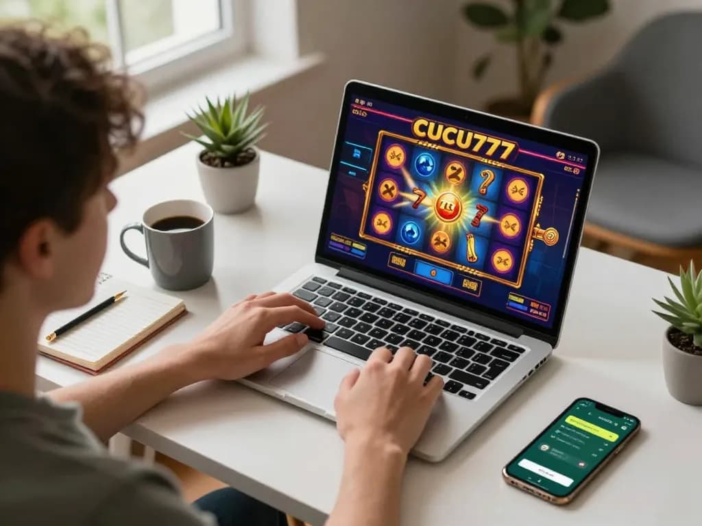 Cucu777 engaging in online gaming session with vibrant slot game displayed on laptop