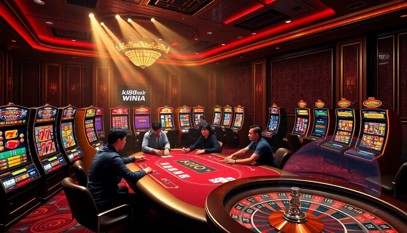 K88win's vibrant casino scene showcasing high-stakes poker excitement and colorful slot machines.