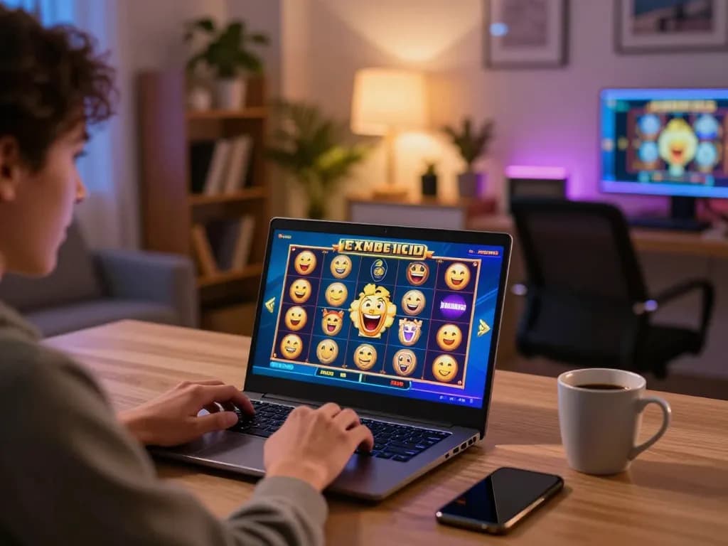 Engaged player enjoying slot gacor hari ini on a laptop, displaying excitement and strategy in a stylish home setting.