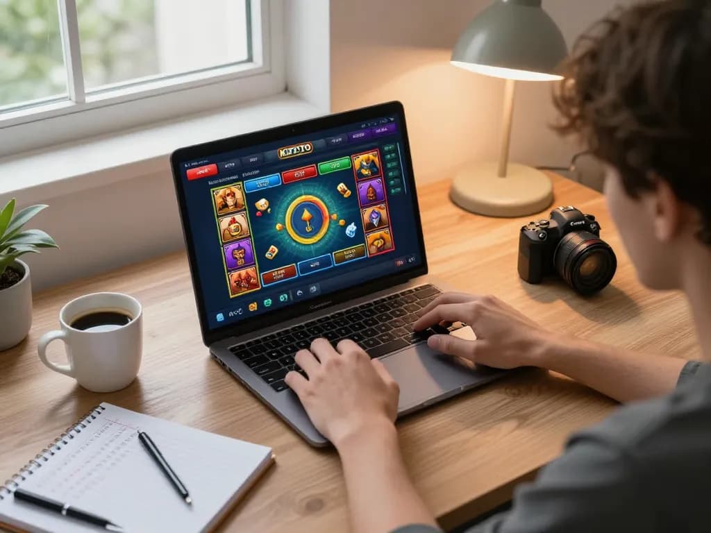 KDTOTO player engaged in online togel gaming at home, showcasing immersive interface and strategy notes.