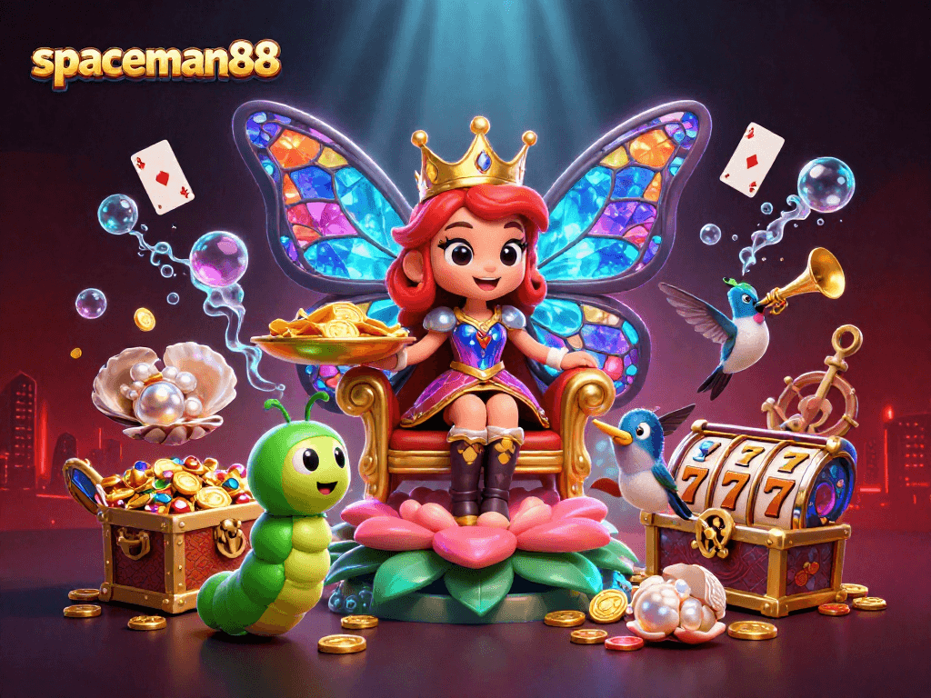 Experience the thrill of spaceman88 with vibrant slot elements and captivating characters in this casino scene.