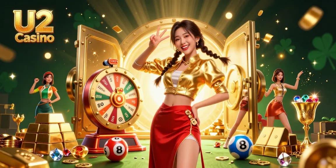 Experience the excitement at U2 Casino with a vibrant illustration of fun gameplay and prizes.