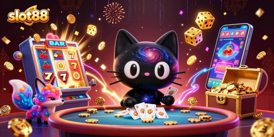 Slot88 memikat dengan kucing hitam yang menarik chip emas dan kartu di meja kasino.