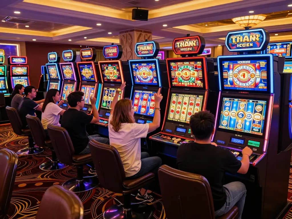 Players enjoying slot gacor machines in a vibrant casino environment, celebrating wins with excitement
