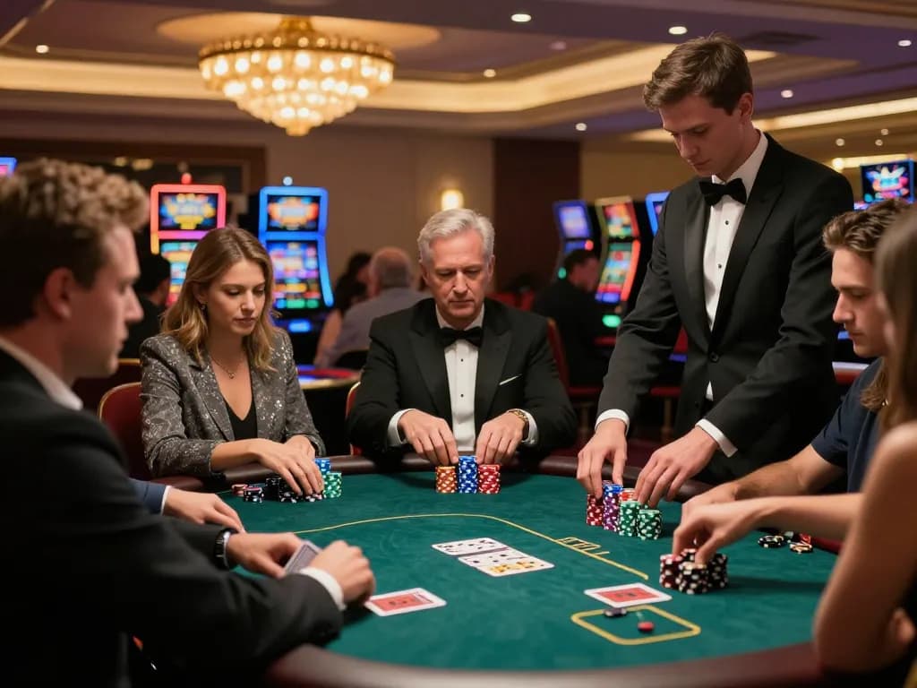 Sebuah adegan permainan poker taruhan tinggi yang menampilkan aman788 dengan pemain yang merencanakan taruhan mereka di antara dekorasi kasino yang mewah.