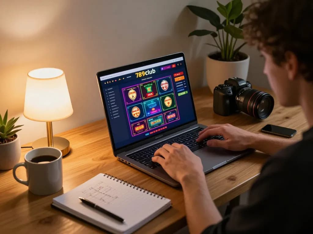 Engaging with the 789club online casino on a laptop, showcasing strategic gameplay and a cozy atmosphere.