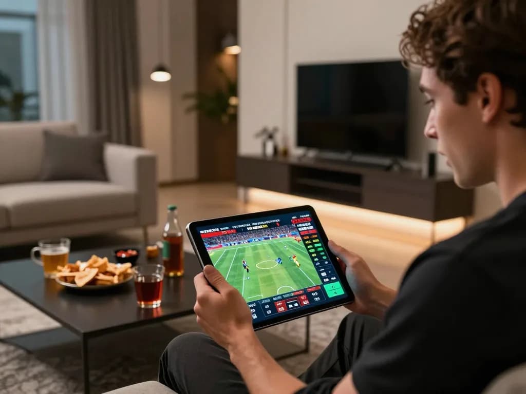 Engaged player using MK8 tablet for online sports betting during live match excitement