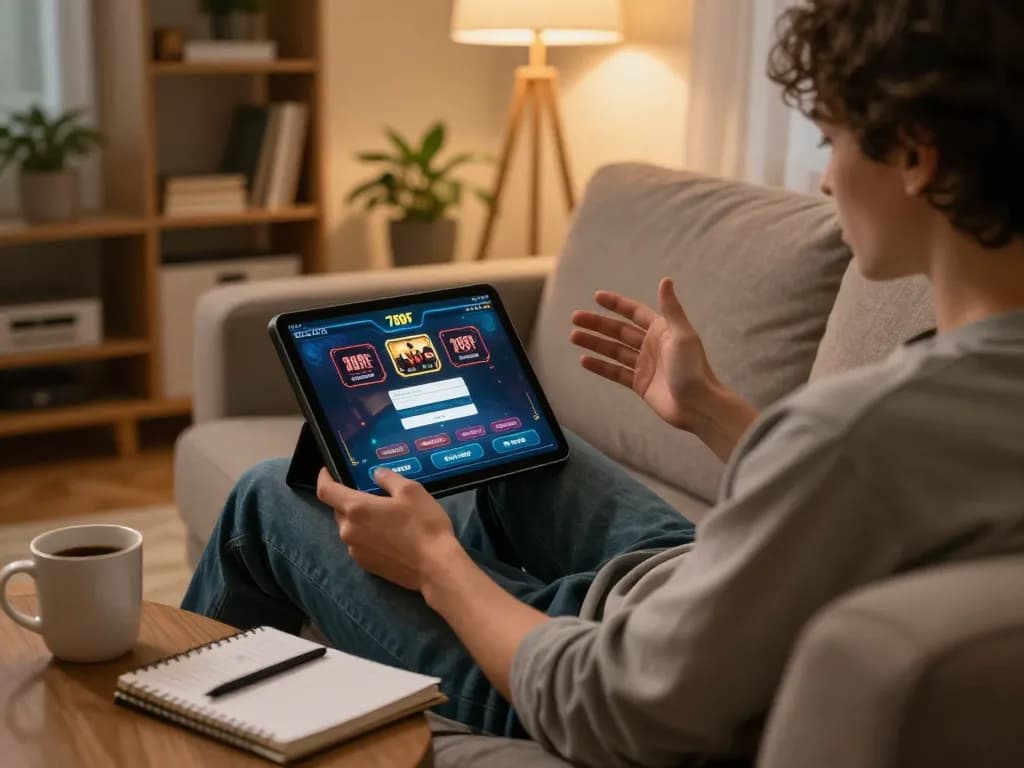 Engaging in online gambling with 789F đăng nhập on a tablet, showcasing a cozy home gaming atmosphere.