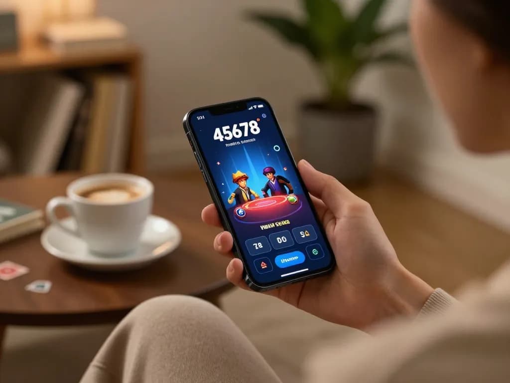The 45678 app displayed on a smartphone for mobile gambling, showcasing a cozy gaming setup.