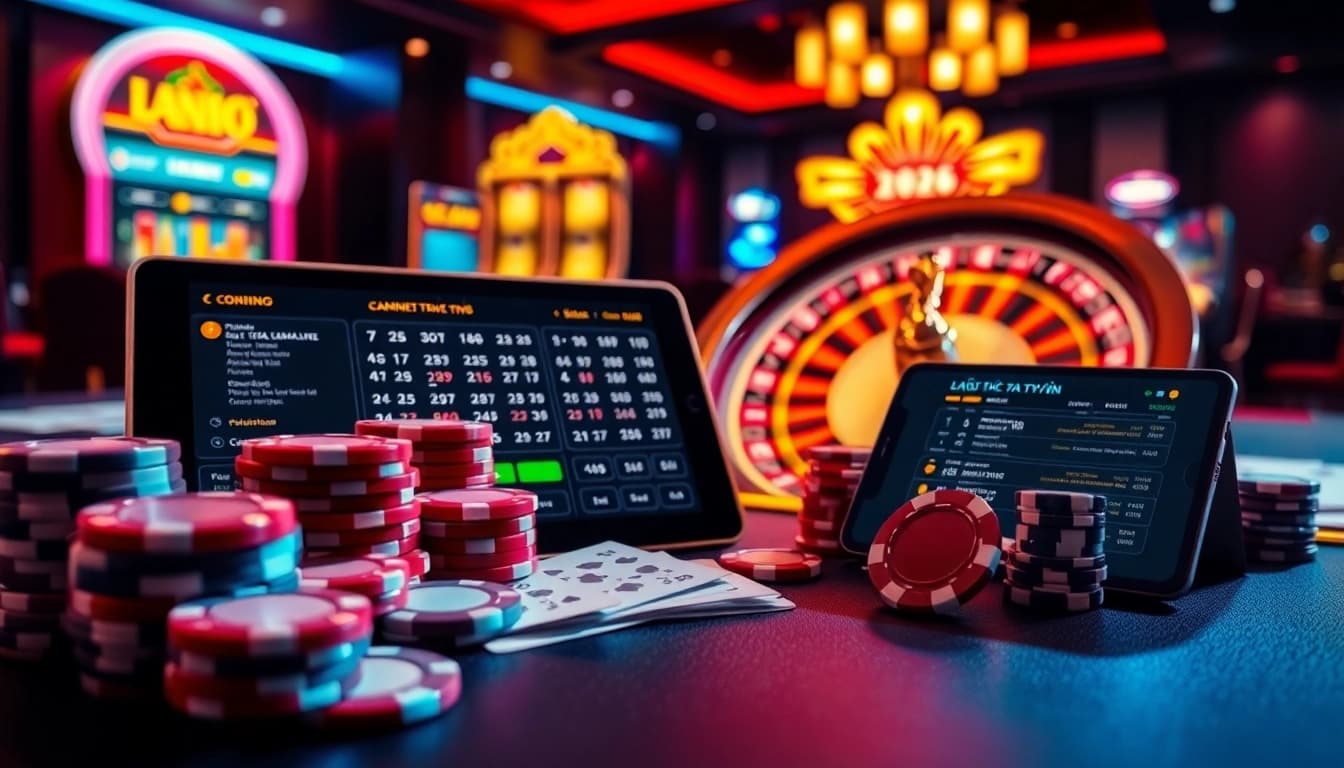 Engaging lô đề trực tuyến digital interface showing fast betting slips and lotto results with vibrant poker chips and roulette wheel