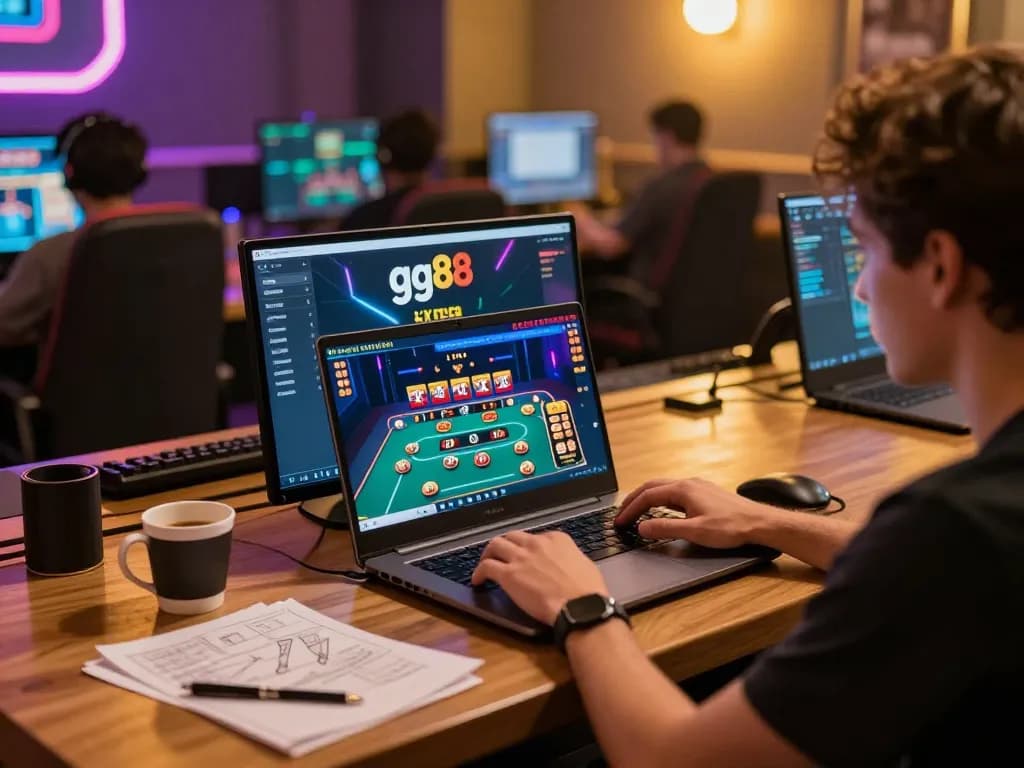 Engaging with the gg88 link on a laptop displaying live casino games in a cozy gaming room setting