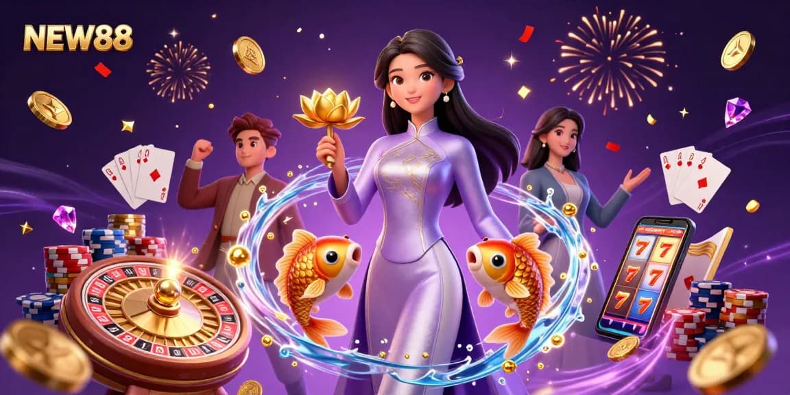 Experience the thrill of NEW88 with a 3D illustration showcasing dynamic casino elements and stunning visuals.