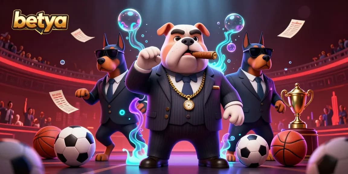 Betya showcases sports betting with a dynamic illustration featuring a cartoon mafia bulldog.