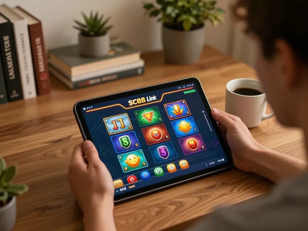 Person engaging with the SC88 Link online casino platform on a tablet, showcasing comfy gaming environment