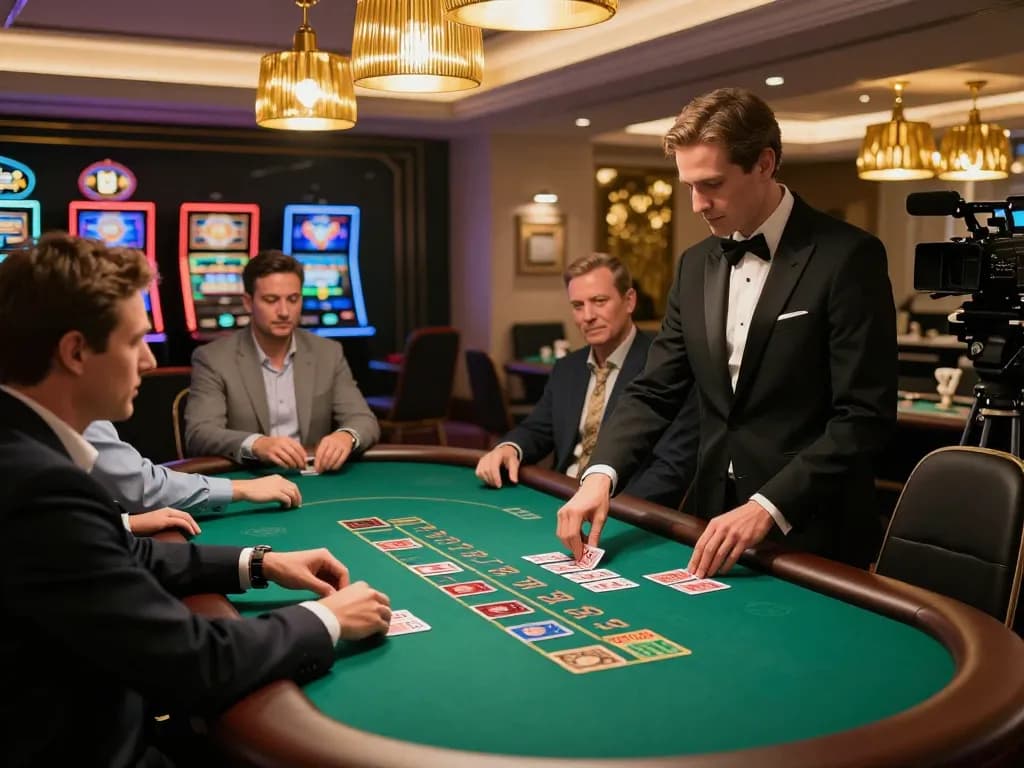 Engaged players strategizing at KKWIN's blackjack table in a luxurious casino environment.