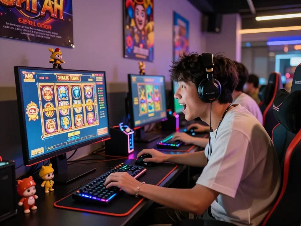 Pemain menikmati slot gacor hari ini di pengaturan permainan modern dengan lampu berwarna-warni dan suasana yang menarik.