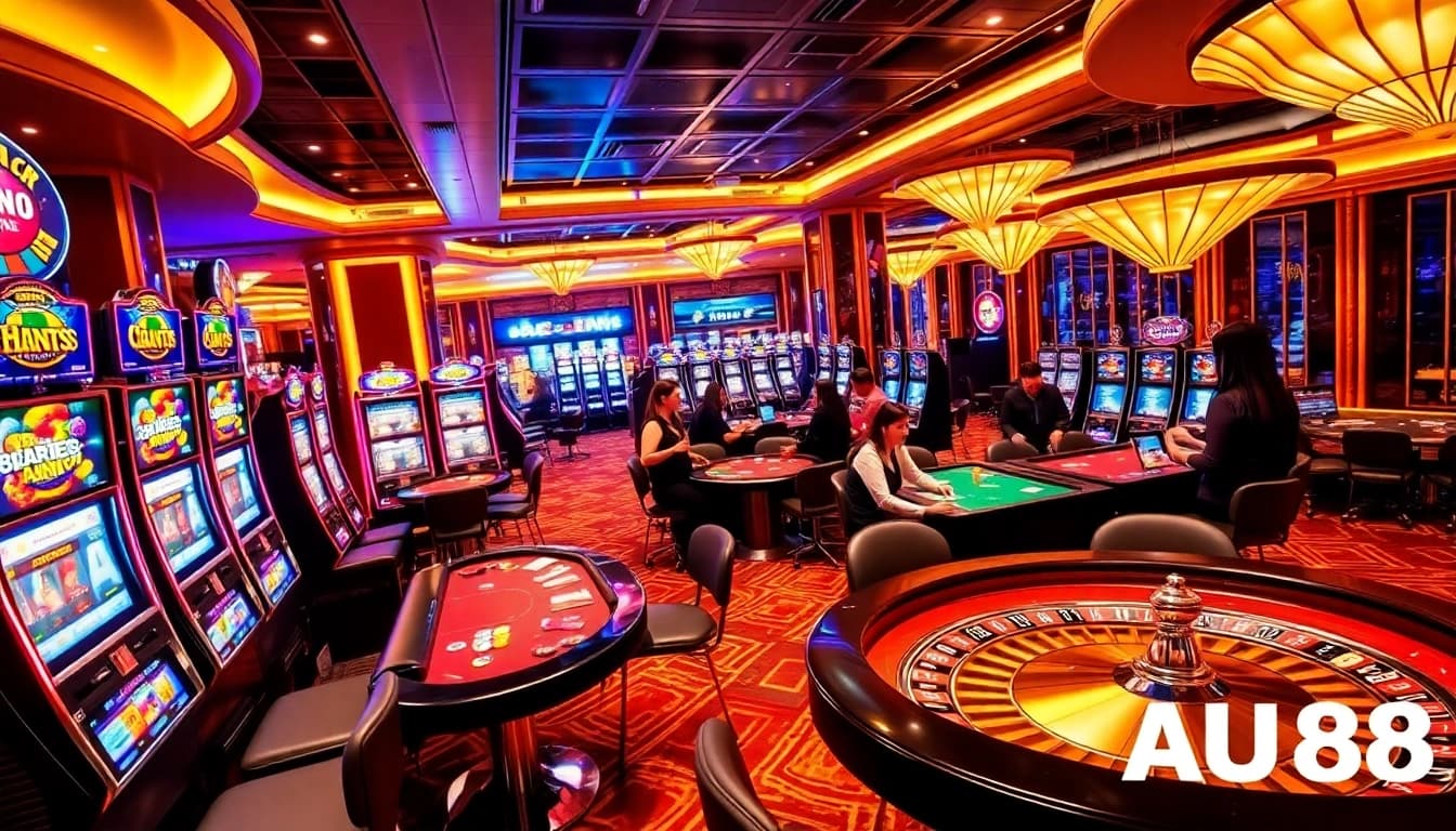Play exciting games at AU88 casino with vibrant tables, cards, and chips in action.