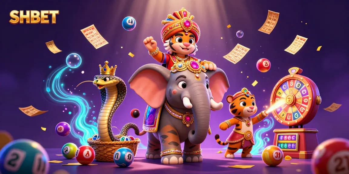 SHBET captivates players with a vibrant illustrated scene of casino excitement featuring a maharaja tiger and an elephant.