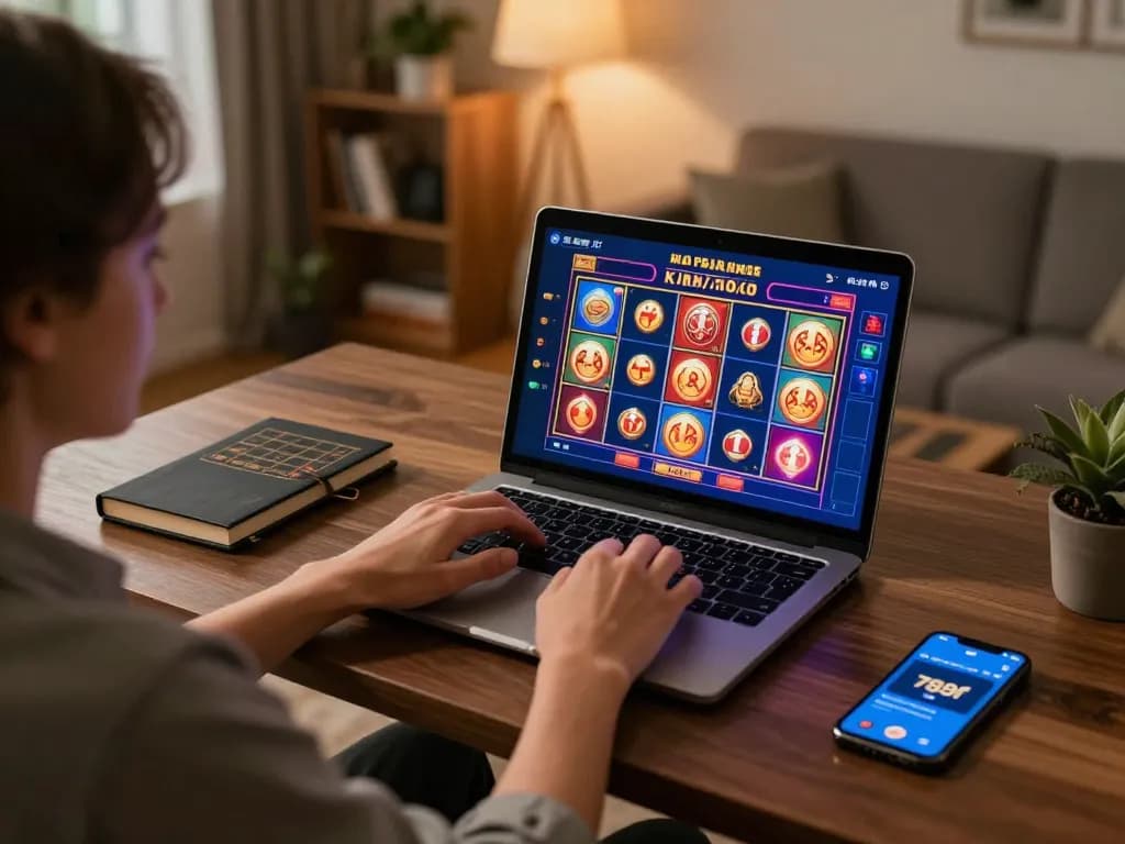 Person playing casino games on 789f platform with laptop and smartphone in cozy home setup