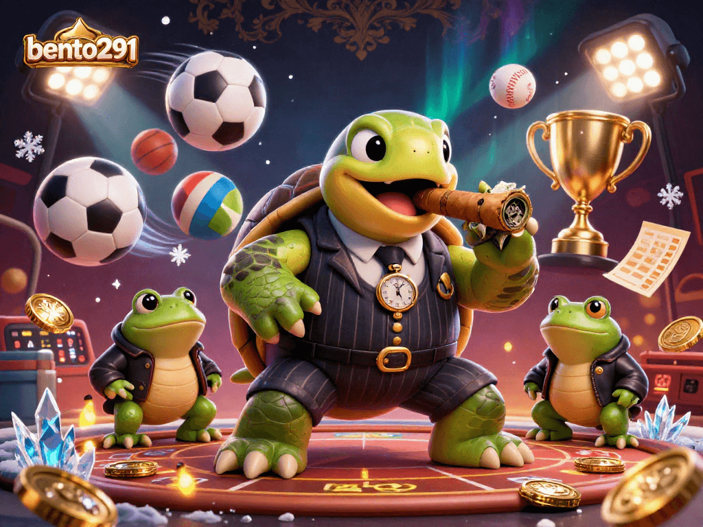Bento291 showcases a vivid scene with a mobster turtle, bullfrog enforcers, and dynamic sports elements, emphasizing thrilling betting action.