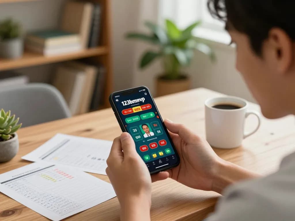 Player engaging with the 123bmvp app to place strategic bets in a cozy home setting.