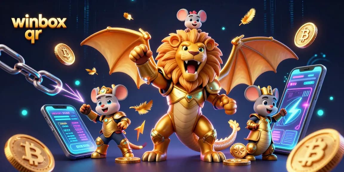 Winbox qr showcases a thrilling 3D casino with a chimera creature, colorful crypto coins, and exciting gaming elements.
