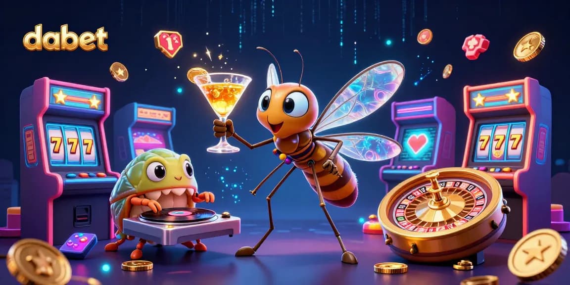 Engage with dabet's vibrant casino world featuring a unique 3D scene of playful characters and gaming elements.