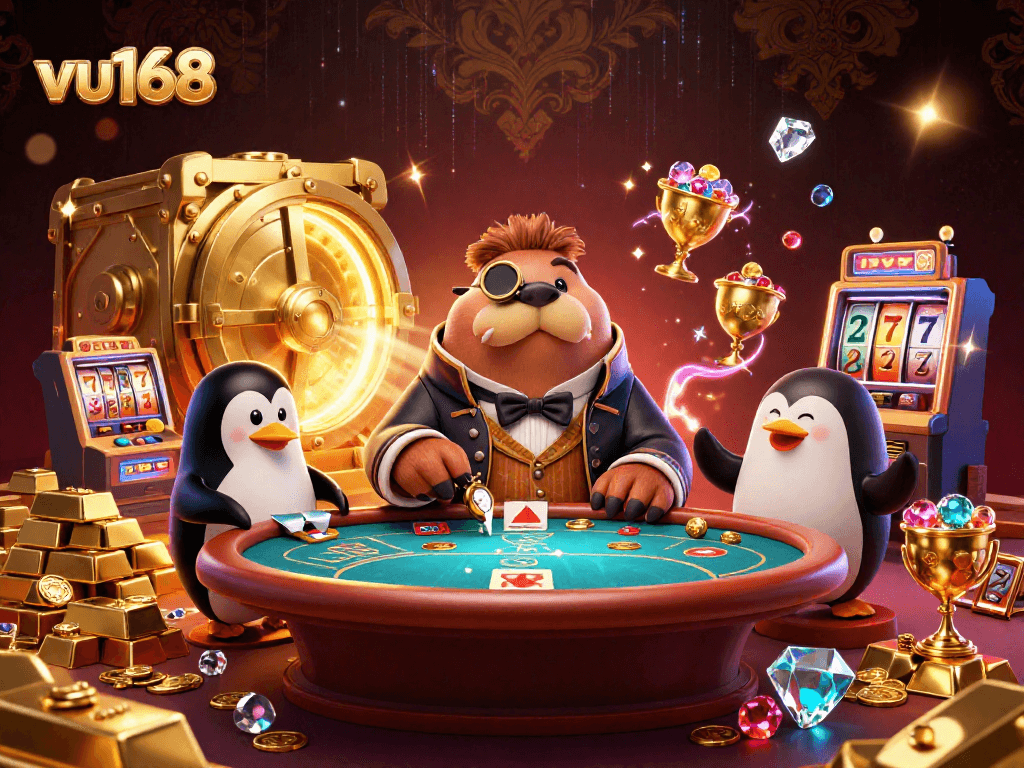 Participate in casino games at vu168 with a vibrant 3D illustration of a jolly walrus playing poker underwater.