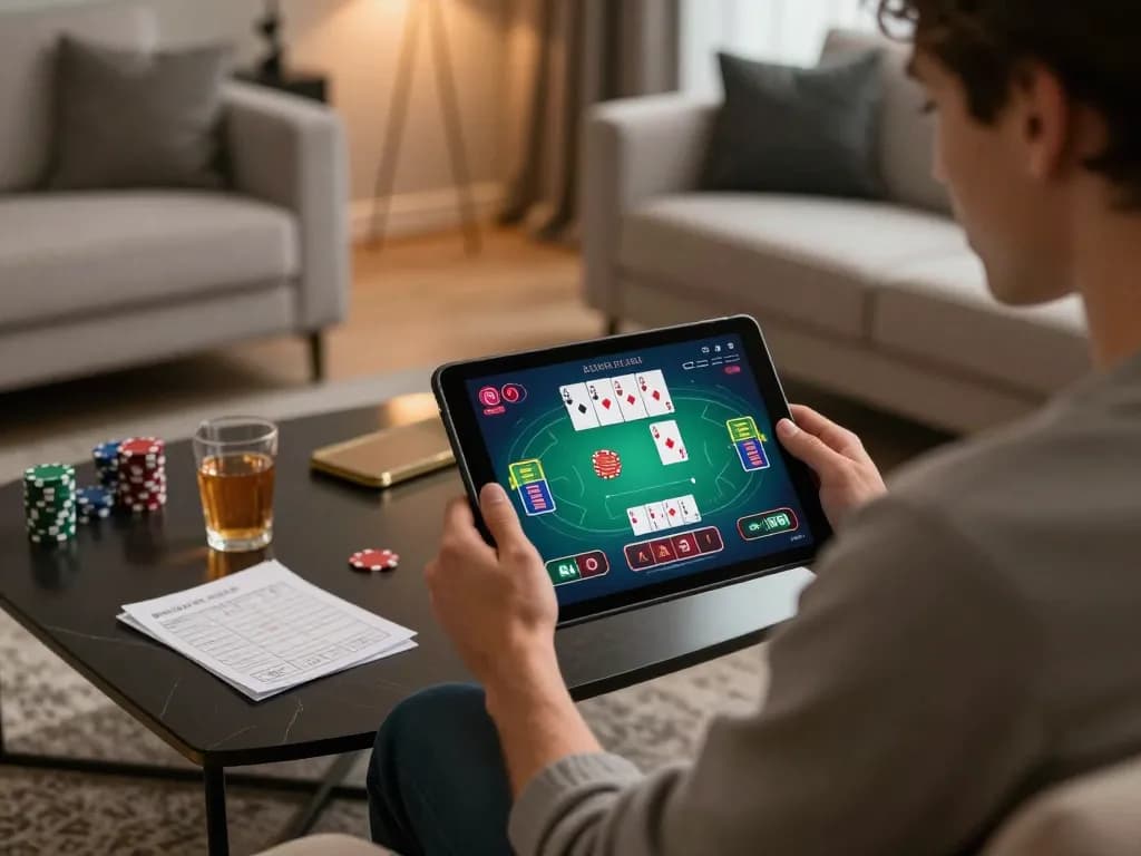 Main poker online dengan Planet 77 di tablet, menampilkan gameplay yang mengasyikkan dan catatan strategis.