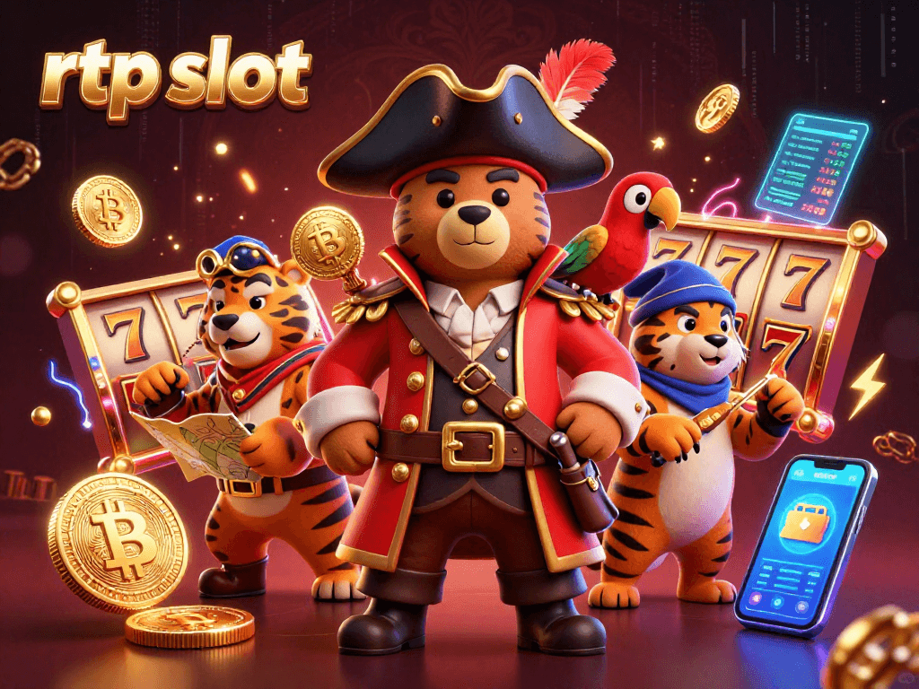 Engage with rtp slot gaming in this vibrant illustration featuring pirate-themed characters and slot game elements.
