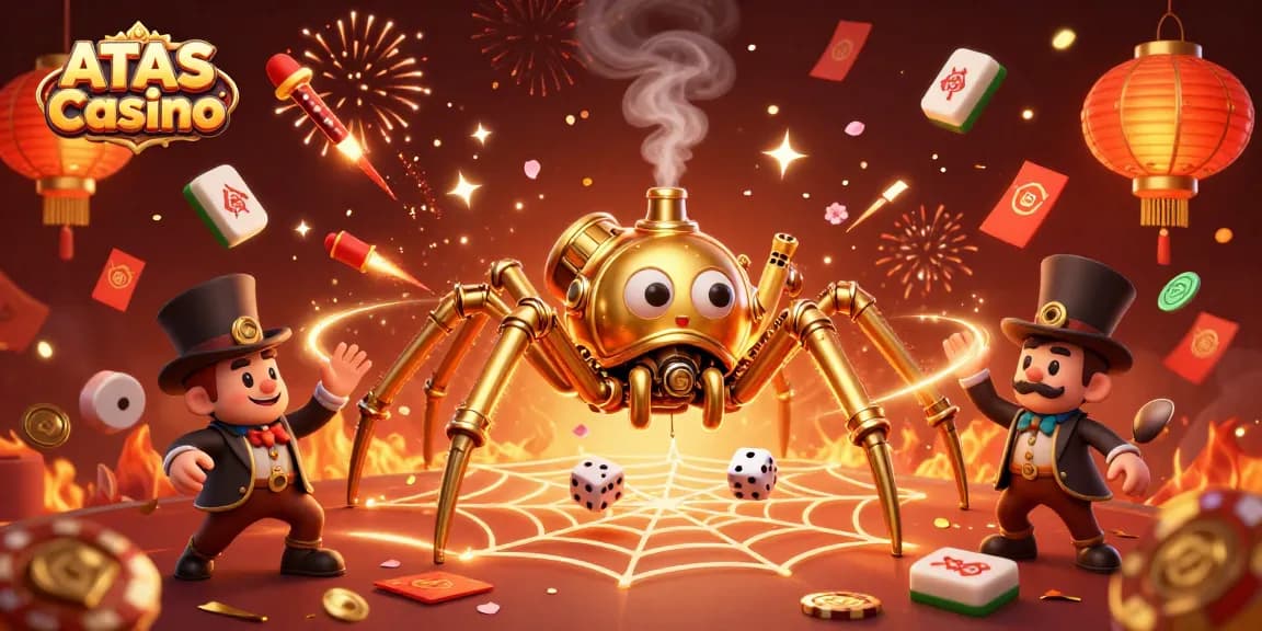 Engage in thrilling gameplay at ATAS Casino with a 3D cartoon steampunk spider and golden game elements.