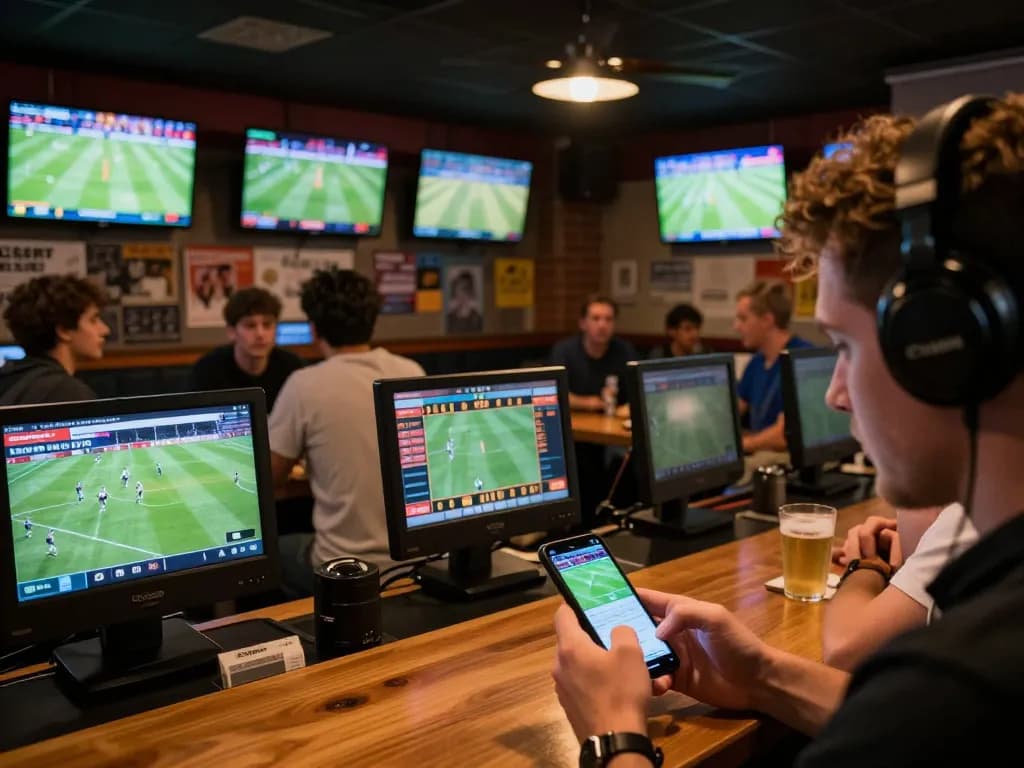 Bsport user actively placing live bets on smartphone, surrounded by sports event screens in a lively bar atmosphere