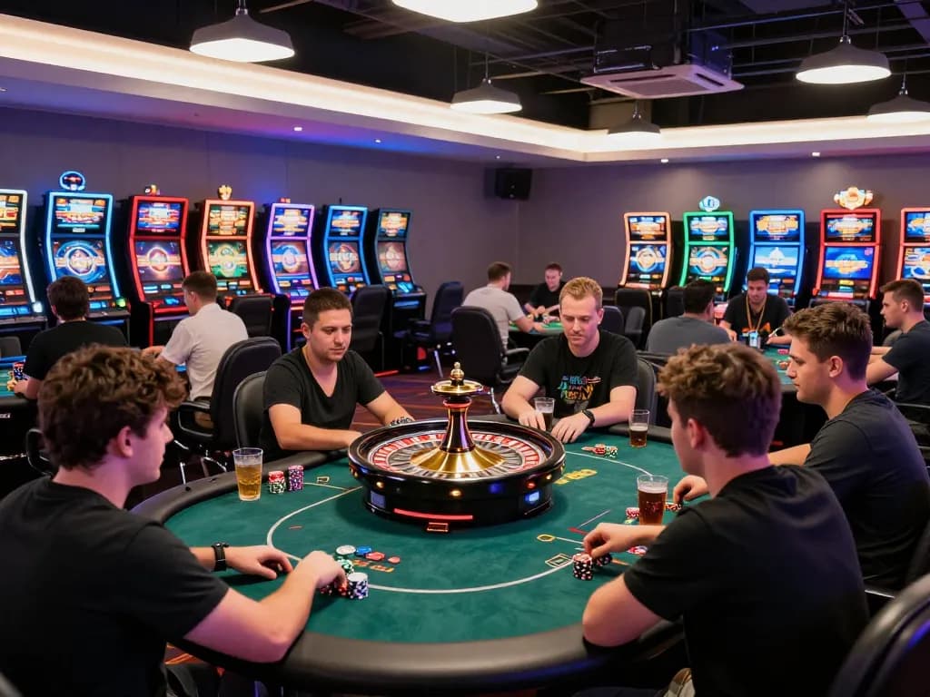 Players eagerly engaging in various gambling activities at a TO288 gaming venue, showcasing vibrant casino energy.