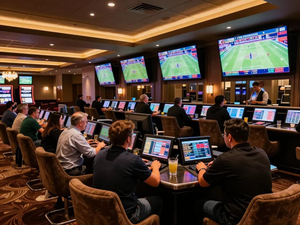 People engaging in live sports betting at 7meter Link Alternatif lounge with screens displaying odds.