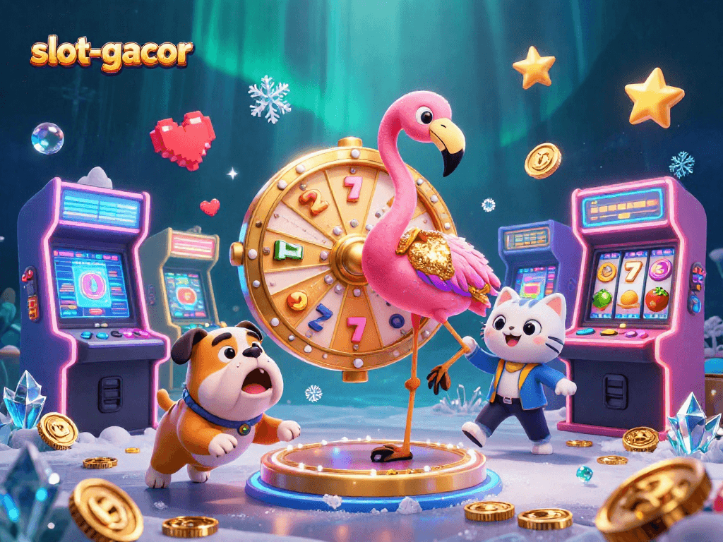 Engage with exciting slot-gacor gameplay featuring vibrant characters in a dynamic casino scene.