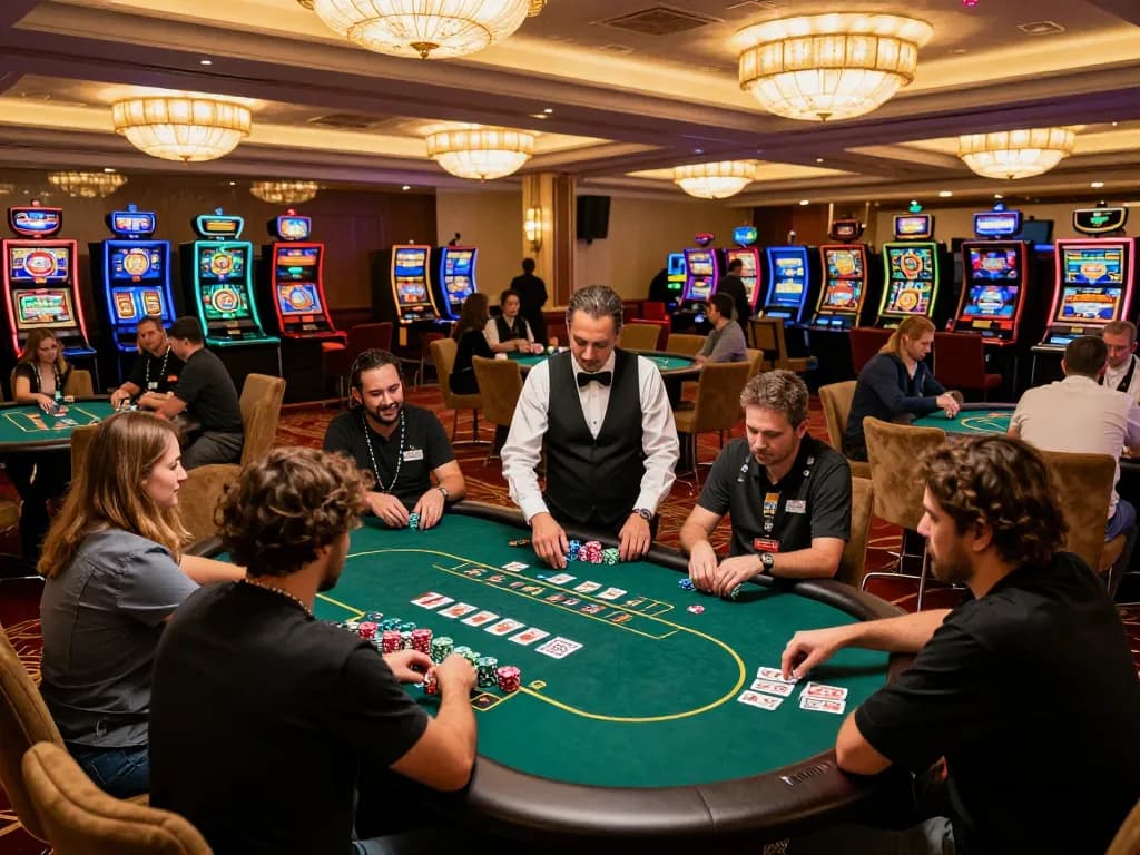 Engaged players at FC88 poker room with dynamic gameplay and vibrant casino atmosphere