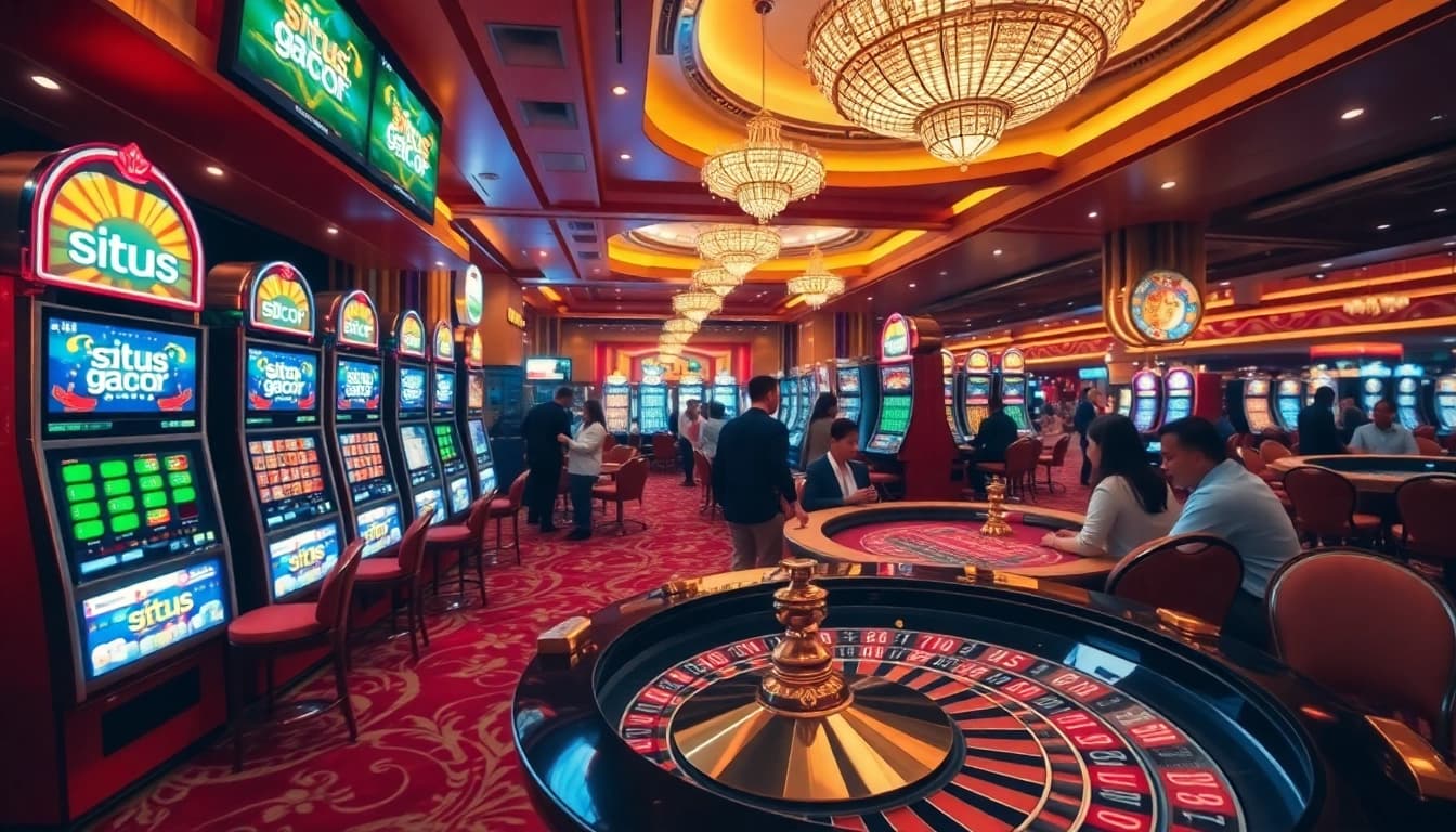 Players experiencing high-stakes excitement at a situs gacor with vibrant slot machines and roulette tables.
