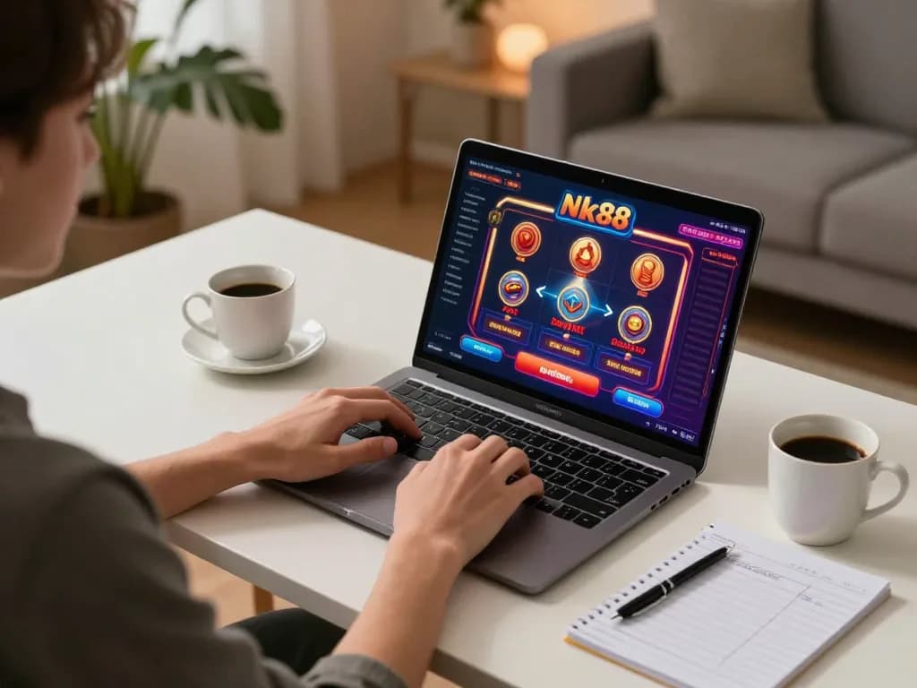 Engaging in online gambling using Nk88 đăng nhập on a laptop in a cozy, well-lit home environment