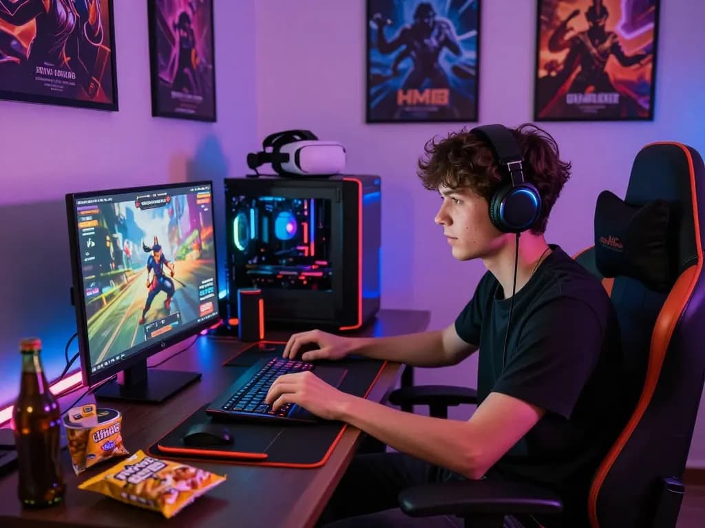 Player enjoying HM88 game in a vibrant online gaming setup with LED lights and posters.